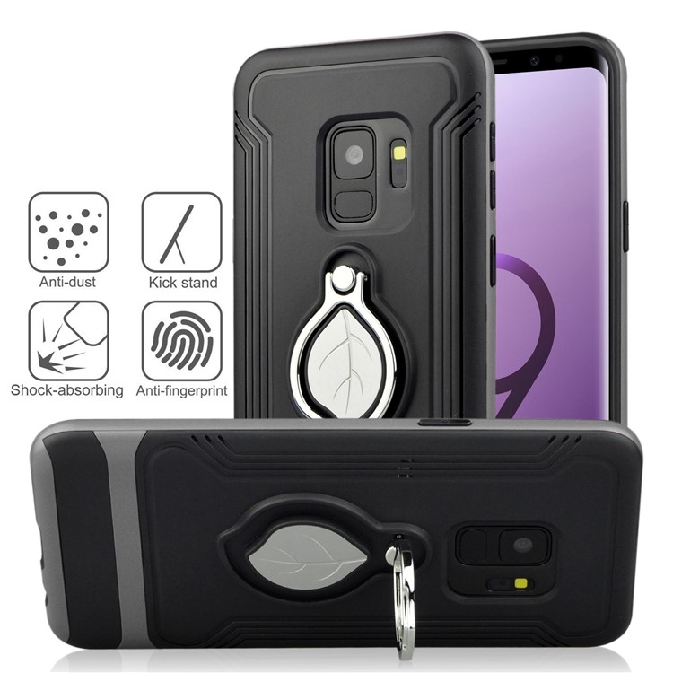 ANGIBABE Maple Leaf Magnetic Ring Holder Kickstand TPU + PC Hybrid Back Case for Samsung Galaxy S9 SM-G960 - Grey-4