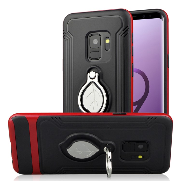 ANGIBABE Maple Leaf Magnetic Ring Holder Kickstand TPU + PC Hybrid Mobile Case for Samsung Galaxy S9 SM-G960 - Red-1