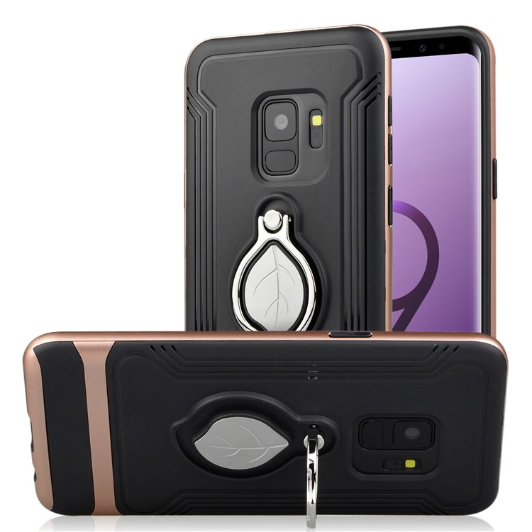 ANGIBABE TPU + PC Hybrid Phone Casing for Samsung Galaxy S9 SM-G960 with Maple Leaf Magnetic Ring Holder Kickstand - Rose Gold-1