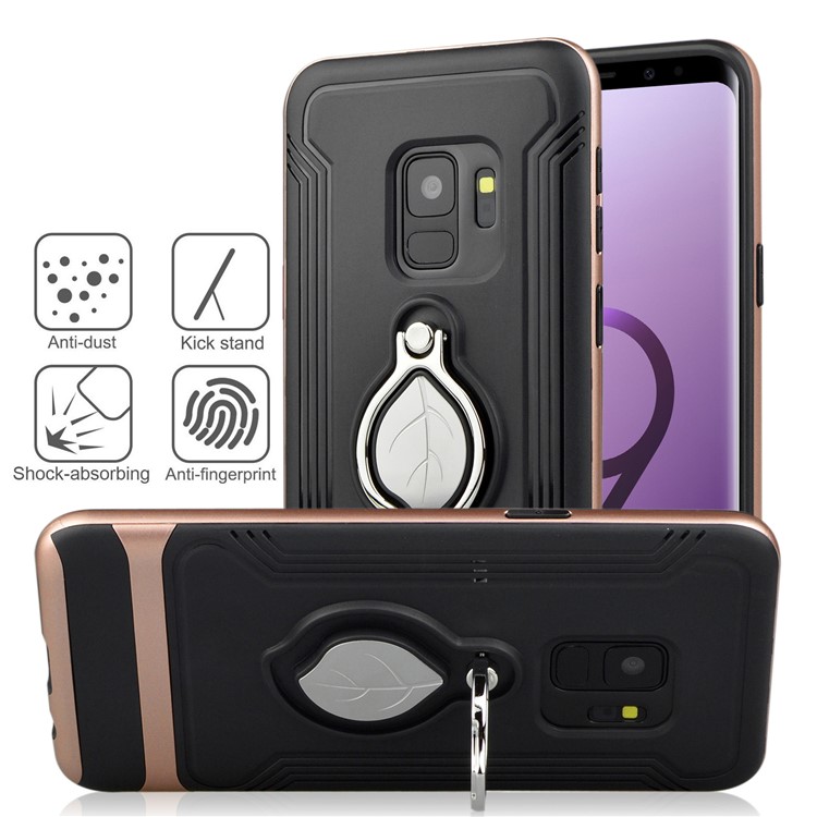 ANGIBABE TPU + PC Hybrid Phone Casing for Samsung Galaxy S9 SM-G960 with Maple Leaf Magnetic Ring Holder Kickstand - Rose Gold-4