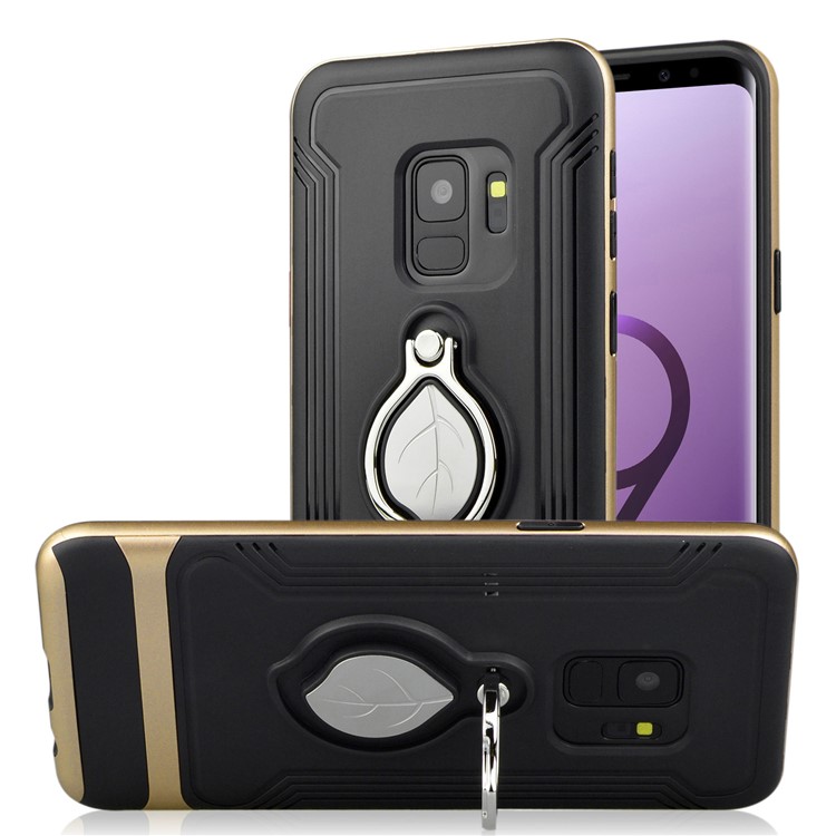 ANGIBABE TPU + PC Hybrid Cell Phone Cover for Samsung Galaxy S9 SM-G960 with Maple Leaf Magnetic Ring Holder Kickstand - Gold-1