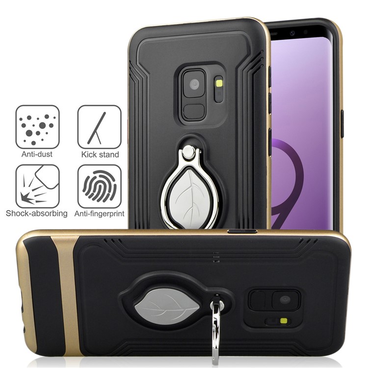 ANGIBABE TPU + PC Hybrid Cell Phone Cover for Samsung Galaxy S9 SM-G960 with Maple Leaf Magnetic Ring Holder Kickstand - Gold-4