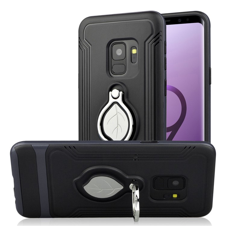 ANGIBABE TPU + PC Hybrid Protective Case for Samsung Galaxy S9 SM-G960 with Maple Leaf Magnetic Ring Holder Kickstand - Dark Blue-1