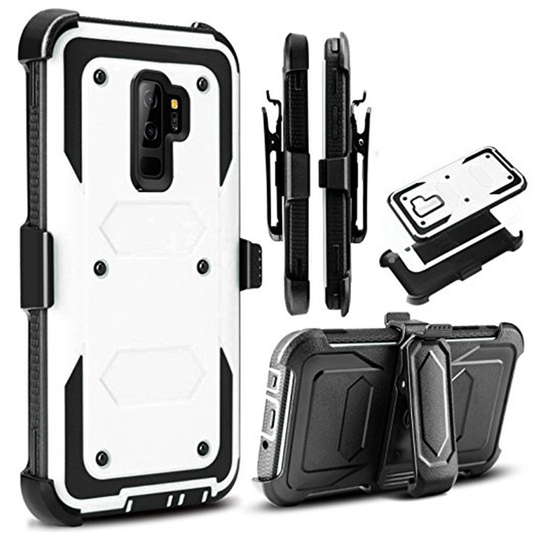 Heavy Duty Rugged PC TPU Hybrid Belt Clip Kickstand Cover for Samsung Galaxy S9 Plus SM-G965 - White-1