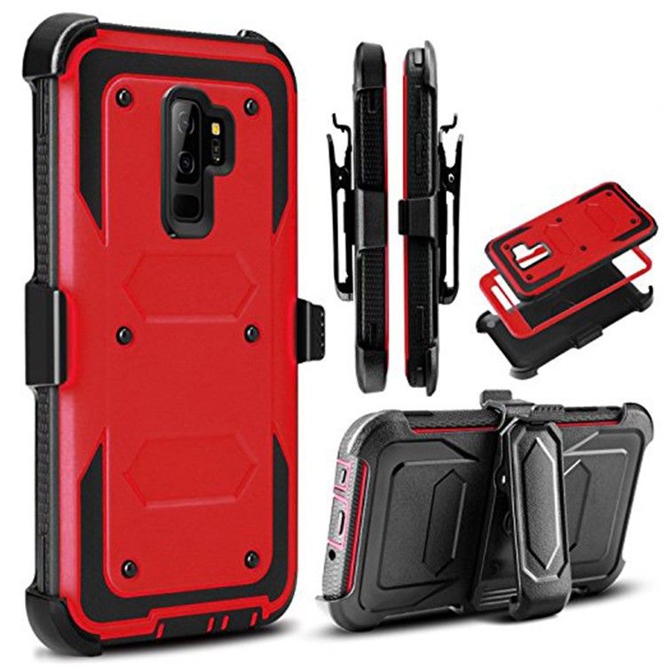 Heavy Duty Rugged PC TPU Hybrid Belt Clip Kickstand Casing for Samsung Galaxy S9+ SM-G965 - Red-1