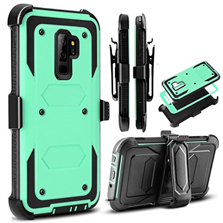 Heavy Duty Rugged PC TPU Hybrid Belt Clip Kickstand Cell Phone Shell for Samsung Galaxy S9+ SM-G965 - Cyan-1
