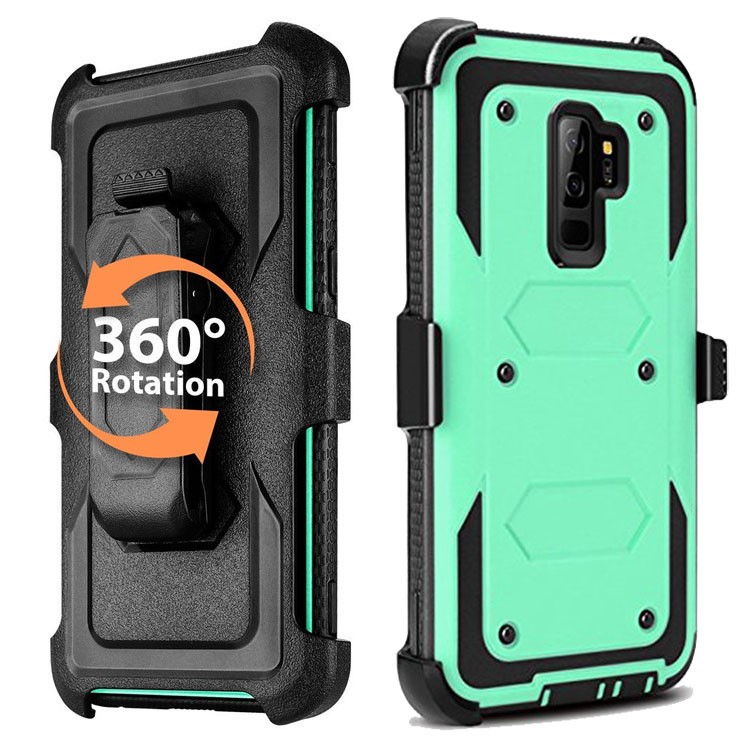 Heavy Duty Rugged PC TPU Hybrid Belt Clip Kickstand Cell Phone Shell for Samsung Galaxy S9+ SM-G965 - Cyan-2