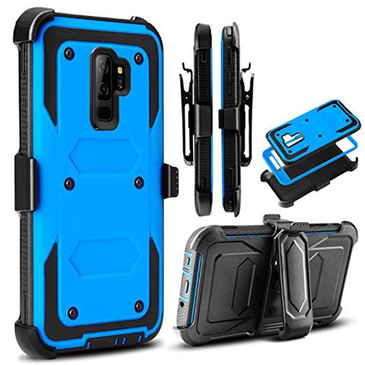 Heavy Duty Rugged PC TPU Hybrid Belt Clip Kickstand Protective Case for Samsung Galaxy S9+ SM-G965 - Blue-1