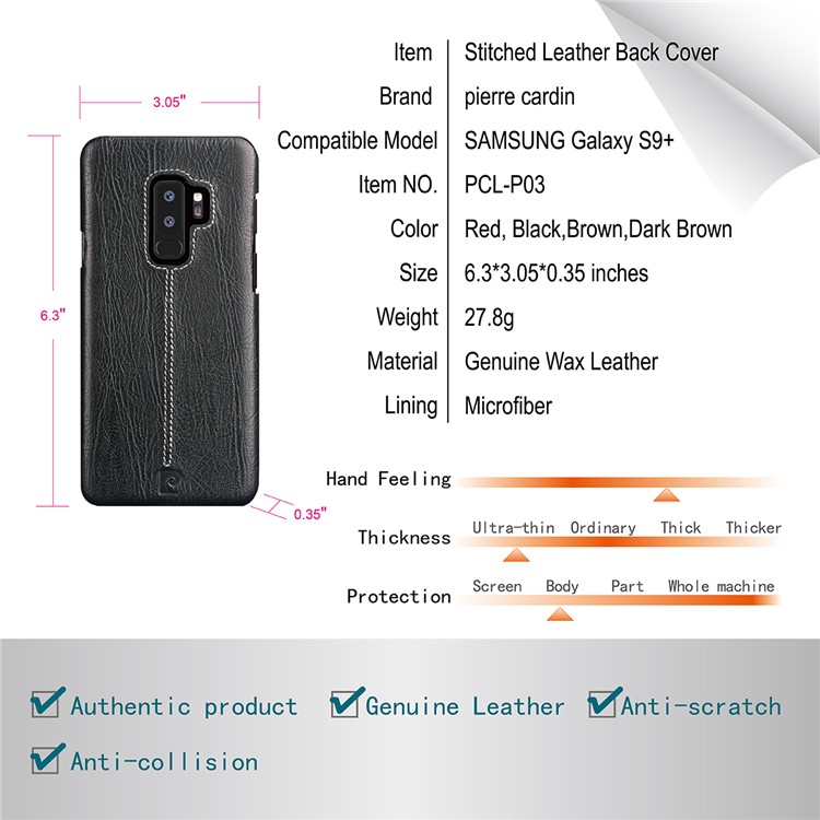 PIERRE CARDIN Stitched Genuine Leather Coated PC Phone Case for Samsung Galaxy S9+ G965 - Black-8