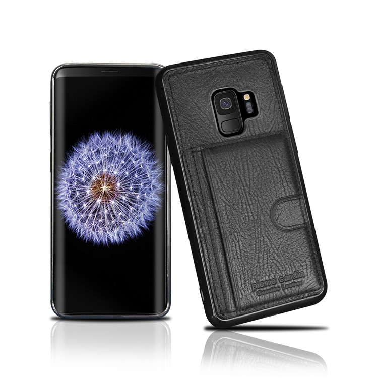 PIERRE CARDIN Genuine Leather Coated Card Slot TPU Kickstand Case for Samsung Galaxy S9 SM-G960 - Black-1