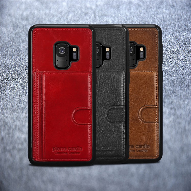 PIERRE CARDIN Genuine Leather Coated Card Slot TPU Kickstand Case for Samsung Galaxy S9 SM-G960 - Black-6
