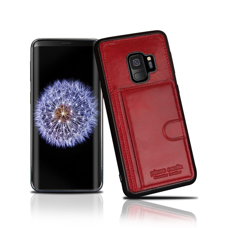 PIERRE CARDIN Genuine Leather Coated Card Holder TPU Kickstand Case for Samsung Galaxy S9 SM-G960 - Red-1