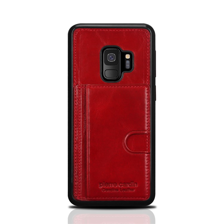 PIERRE CARDIN Genuine Leather Coated Card Holder TPU Kickstand Case for Samsung Galaxy S9 SM-G960 - Red-2