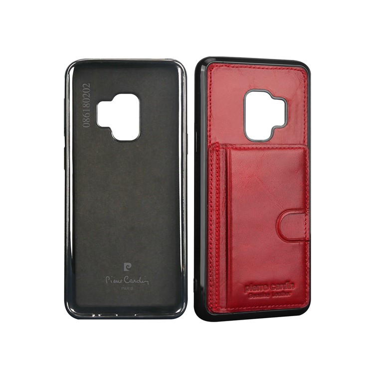 PIERRE CARDIN Genuine Leather Coated Card Holder TPU Kickstand Case for Samsung Galaxy S9 SM-G960 - Red-3