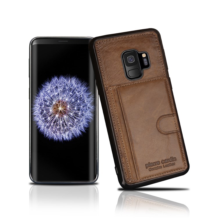 PIERRE CARDIN Genuine Leather Coated Card Slot TPU Kickstand Cover for Samsung Galaxy S9 SM-G960 - Brown-1