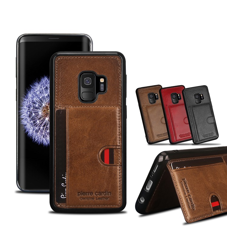 PIERRE CARDIN Genuine Leather Coated Card Slot TPU Kickstand Cover for Samsung Galaxy S9 SM-G960 - Brown-10