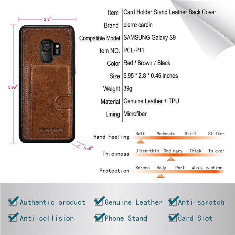 PIERRE CARDIN Genuine Leather Coated Card Slot TPU Kickstand Cover for Samsung Galaxy S9 SM-G960 - Brown-11