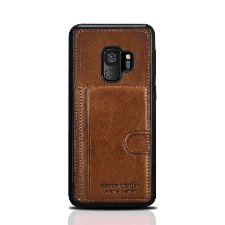 PIERRE CARDIN Genuine Leather Coated Card Slot TPU Kickstand Cover for Samsung Galaxy S9 SM-G960 - Brown-2