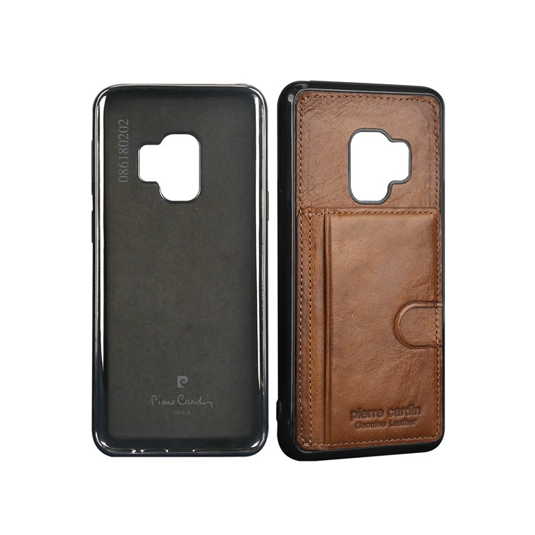 PIERRE CARDIN Genuine Leather Coated Card Slot TPU Kickstand Cover for Samsung Galaxy S9 SM-G960 - Brown-3