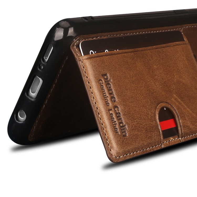 PIERRE CARDIN Genuine Leather Coated Card Slot TPU Kickstand Cover for Samsung Galaxy S9 SM-G960 - Brown-4