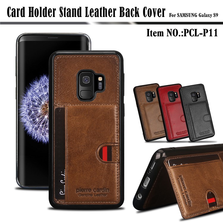 PIERRE CARDIN Genuine Leather Coated Card Slot TPU Kickstand Cover for Samsung Galaxy S9 SM-G960 - Brown-9