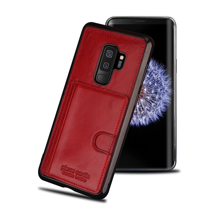 PIERRE CARDIN Genuine Leather Coated Card Holder TPU Kickstand Case for Samsung Galaxy S9 Plus SM-G965 - Red-1