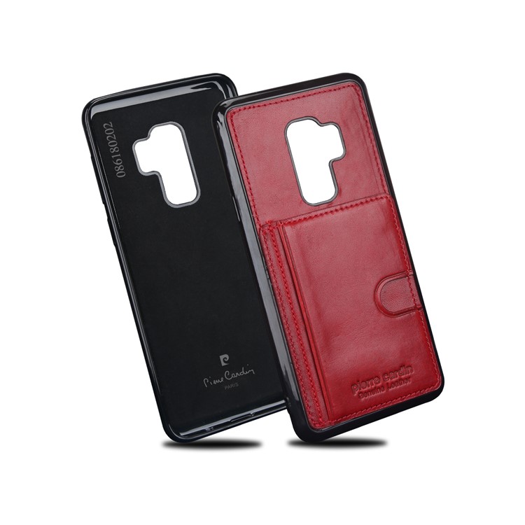 PIERRE CARDIN Genuine Leather Coated Card Holder TPU Kickstand Case for Samsung Galaxy S9 Plus SM-G965 - Red-3