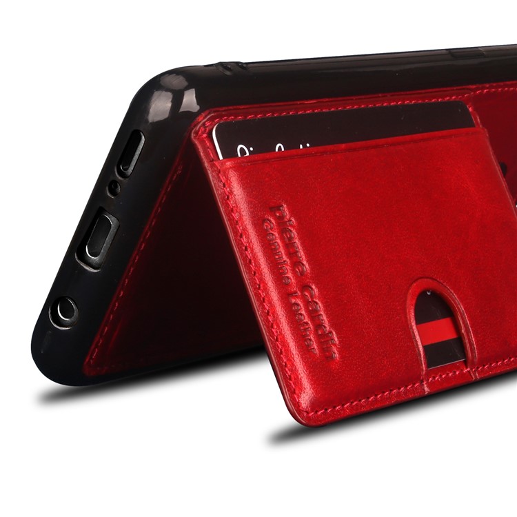PIERRE CARDIN Genuine Leather Coated Card Holder TPU Kickstand Case for Samsung Galaxy S9 Plus SM-G965 - Red-4
