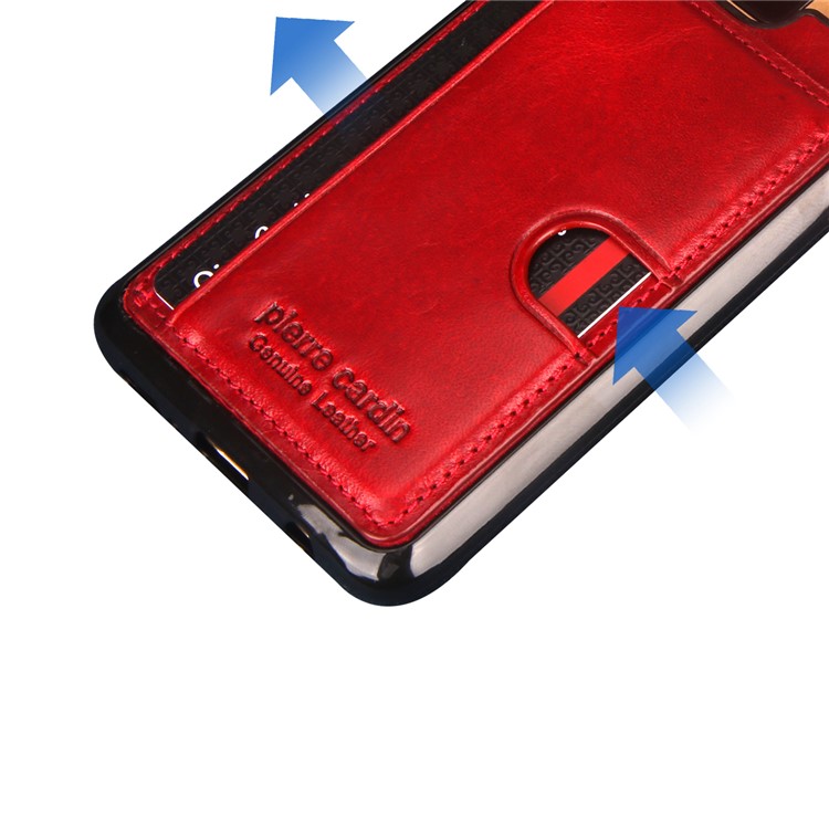 PIERRE CARDIN Genuine Leather Coated Card Holder TPU Kickstand Case for Samsung Galaxy S9 Plus SM-G965 - Red-6