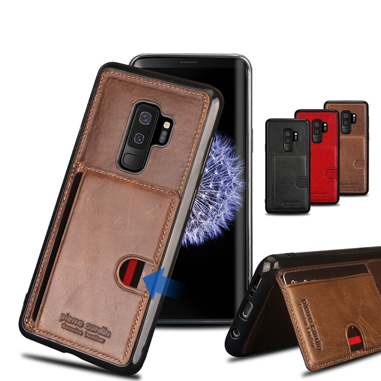 PIERRE CARDIN Genuine Leather Coated Card Slot TPU Kickstand Cover for Samsung Galaxy S9 Plus SM-G965 - Brown-10