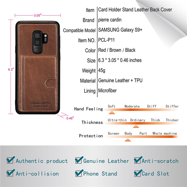 PIERRE CARDIN Genuine Leather Coated Card Slot TPU Kickstand Cover for Samsung Galaxy S9 Plus SM-G965 - Brown-11