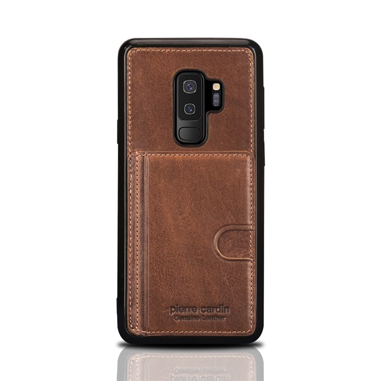 PIERRE CARDIN Genuine Leather Coated Card Slot TPU Kickstand Cover for Samsung Galaxy S9 Plus SM-G965 - Brown-2