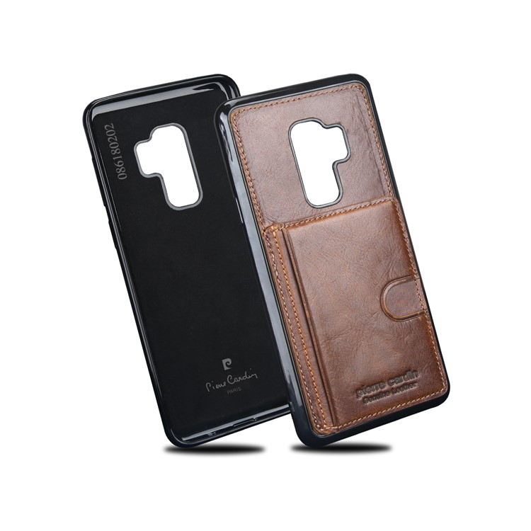 PIERRE CARDIN Genuine Leather Coated Card Slot TPU Kickstand Cover for Samsung Galaxy S9 Plus SM-G965 - Brown-3