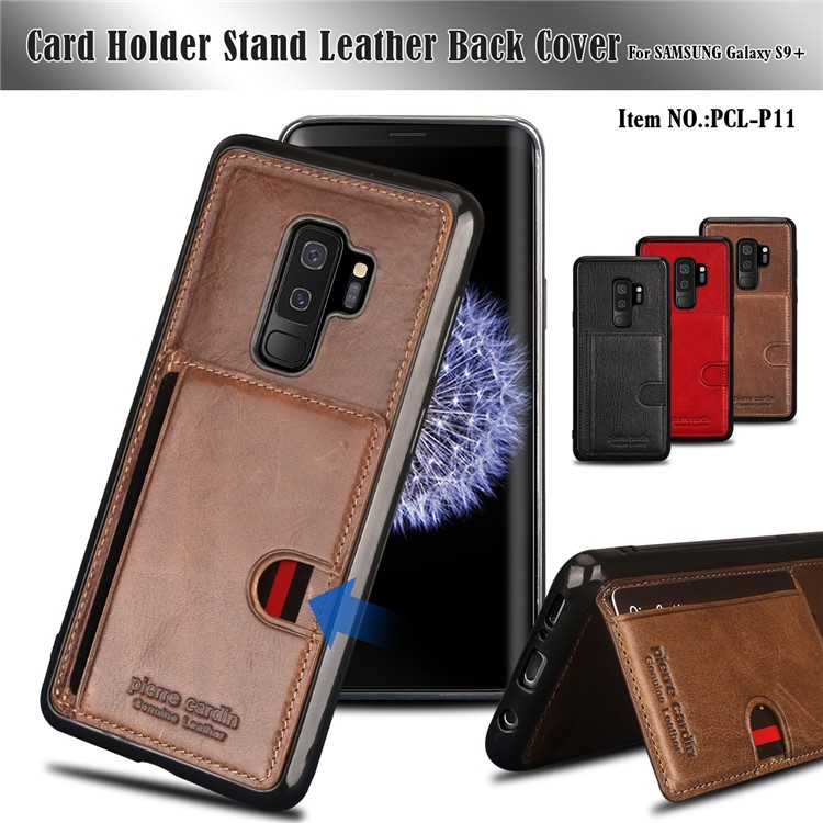 PIERRE CARDIN Genuine Leather Coated Card Slot TPU Kickstand Cover for Samsung Galaxy S9 Plus SM-G965 - Brown-9