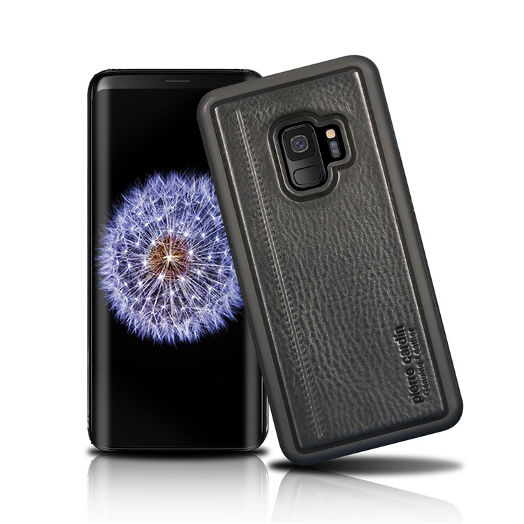 PIERRE CARDIN Genuine Leather Coated TPU Mobile Phone Case for Samsung Galaxy S9 SM-G960 - Black-1