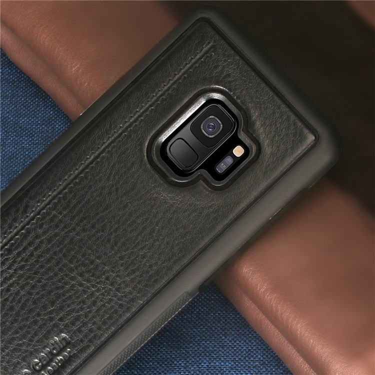 PIERRE CARDIN Genuine Leather Coated TPU Mobile Phone Case for Samsung Galaxy S9 SM-G960 - Black-4