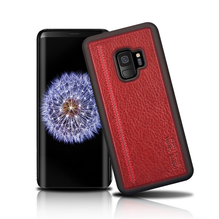 PIERRE CARDIN Genuine Leather Coated TPU Mobile Phone Cover for Samsung Galaxy S9 SM-G960 - Red-1