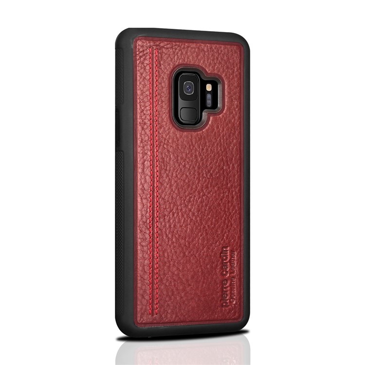 PIERRE CARDIN Genuine Leather Coated TPU Mobile Phone Cover for Samsung Galaxy S9 SM-G960 - Red-2
