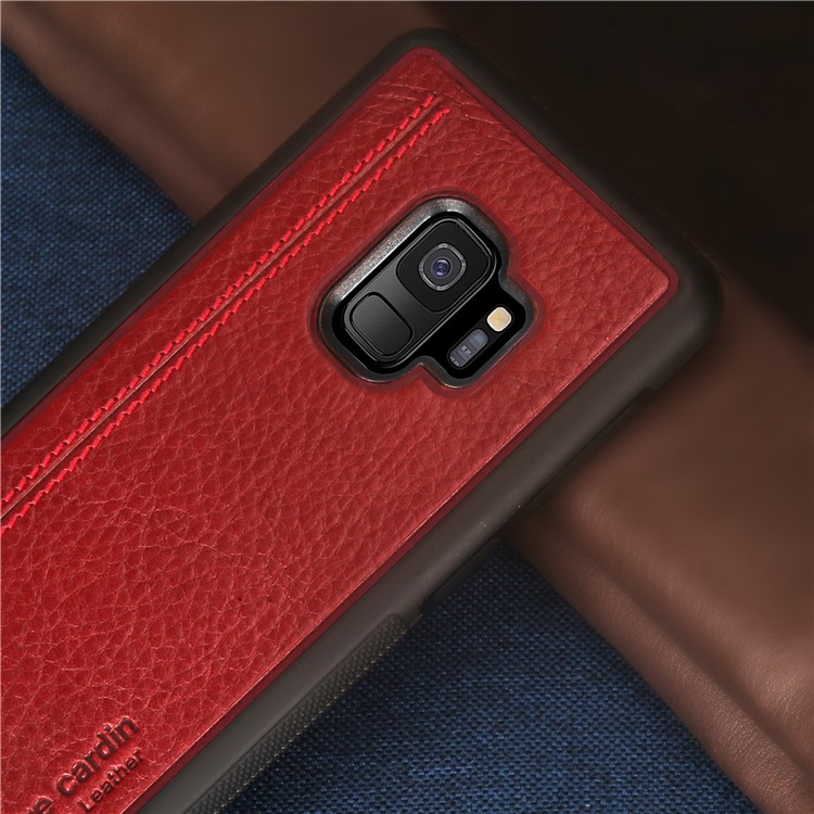 PIERRE CARDIN Genuine Leather Coated TPU Mobile Phone Cover for Samsung Galaxy S9 SM-G960 - Red-4