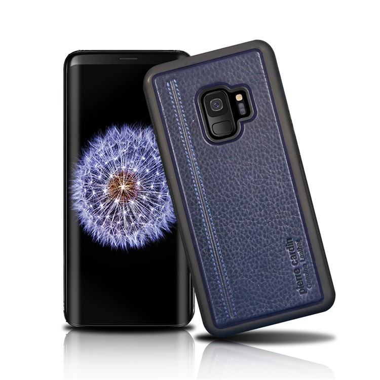 PIERRE CARDIN Genuine Leather Coated TPU Mobile Phone Shell for Samsung Galaxy S9 SM-G960 - Dark Blue-1