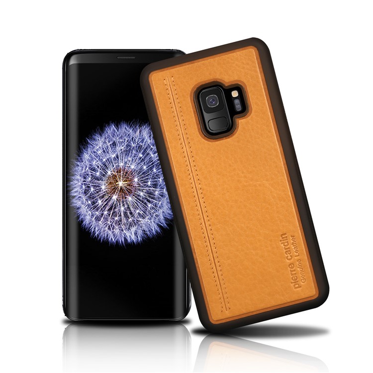 PIERRE CARDIN Genuine Leather Coated TPU Mobile Phone Casing for Samsung Galaxy S9 SM-G960 - Yellow-1
