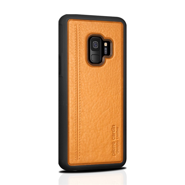 PIERRE CARDIN Genuine Leather Coated TPU Mobile Phone Casing for Samsung Galaxy S9 SM-G960 - Yellow-2
