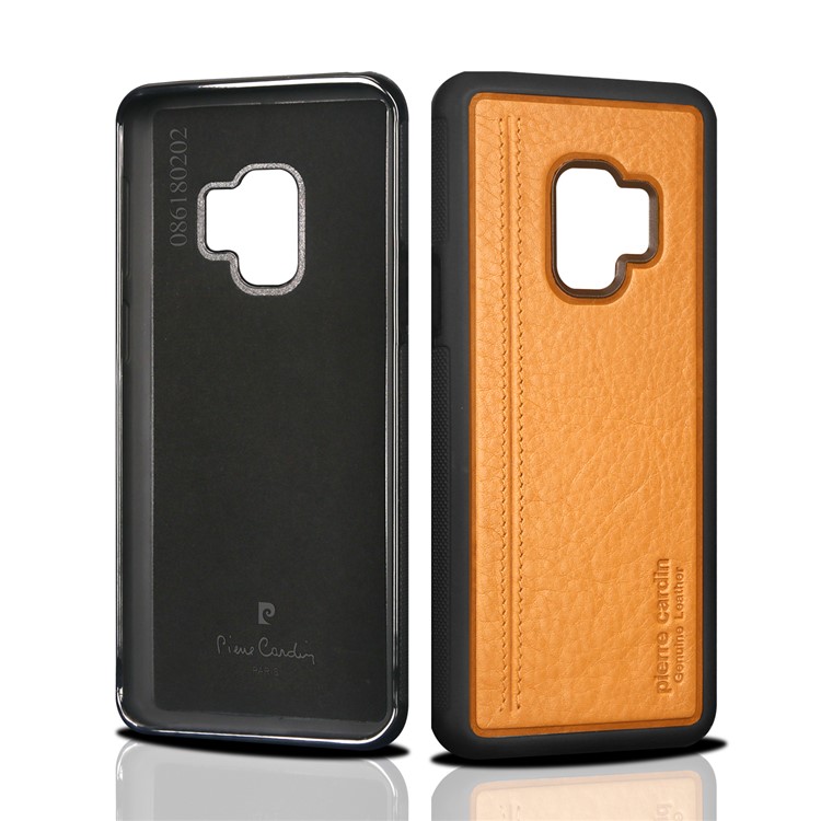 PIERRE CARDIN Genuine Leather Coated TPU Mobile Phone Casing for Samsung Galaxy S9 SM-G960 - Yellow-3