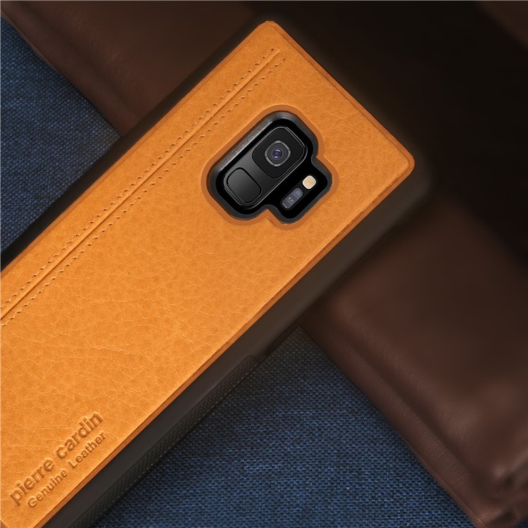 PIERRE CARDIN Genuine Leather Coated TPU Mobile Phone Casing for Samsung Galaxy S9 SM-G960 - Yellow-4