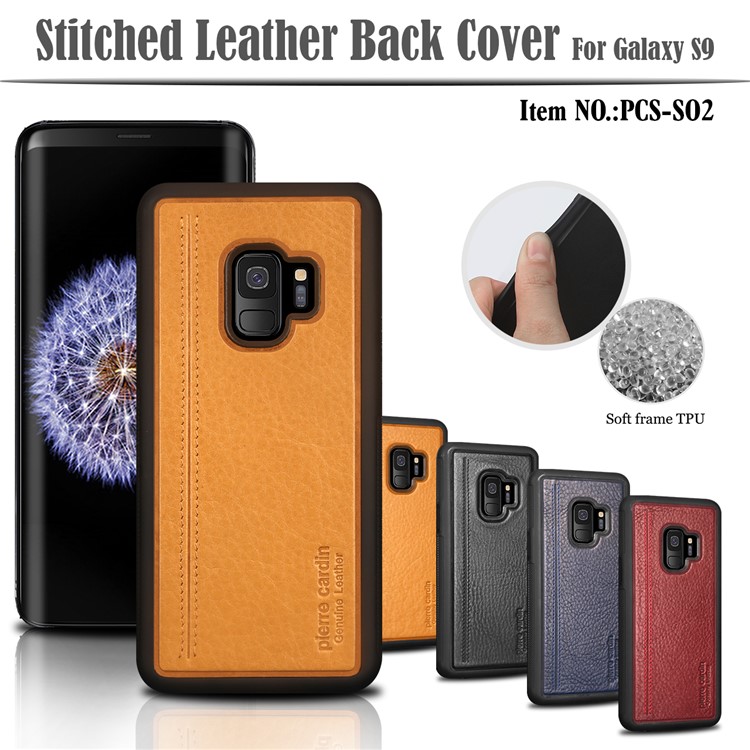 PIERRE CARDIN Genuine Leather Coated TPU Mobile Phone Casing for Samsung Galaxy S9 SM-G960 - Yellow-7