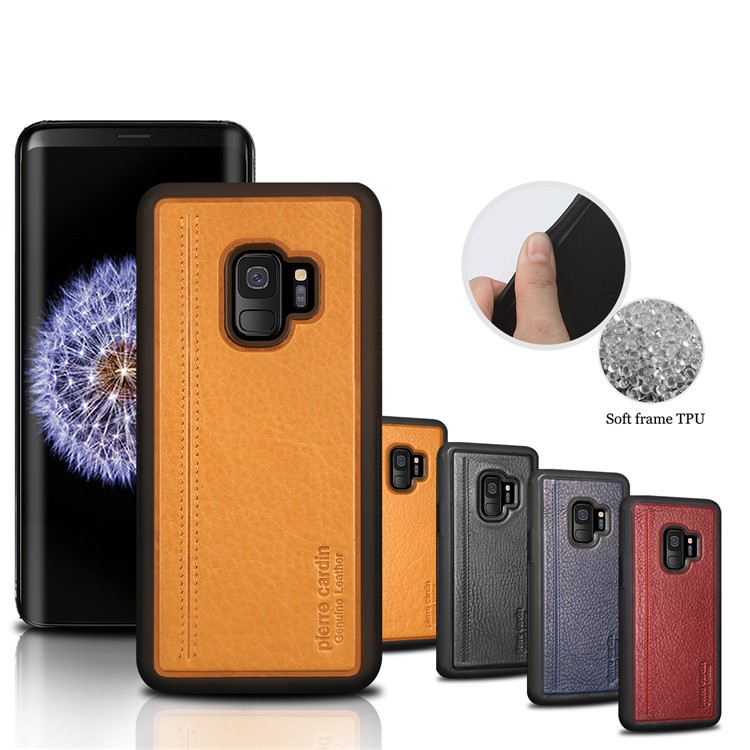 PIERRE CARDIN Genuine Leather Coated TPU Mobile Phone Casing for Samsung Galaxy S9 SM-G960 - Yellow-8