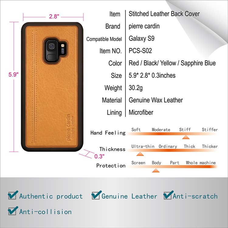 PIERRE CARDIN Genuine Leather Coated TPU Mobile Phone Casing for Samsung Galaxy S9 SM-G960 - Yellow-9