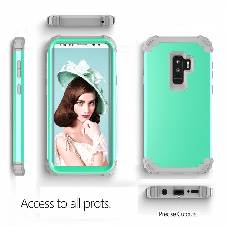 3-piece PC+Silicone Dropproof Hybrid Mobile Shell for Samsung Galaxy S9 Plus G965 - Light Grey / Cyan-4