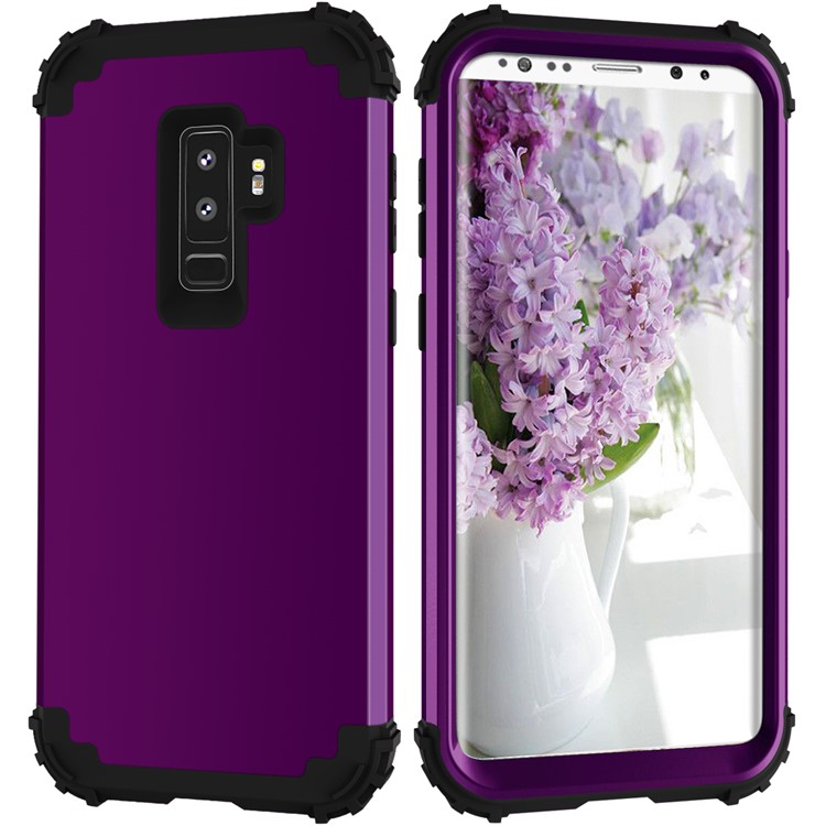 3-piece PC+Silicone Shockproof Hybrid Mobile Phone Casing for Samsung Galaxy S9 Plus G965 - Black / Purple-3