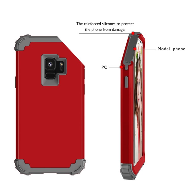 3-piece PC+Silicone Shockproof Hybrid Shell for Samsung Galaxy S9 G960 - Dark Grey / Red-12